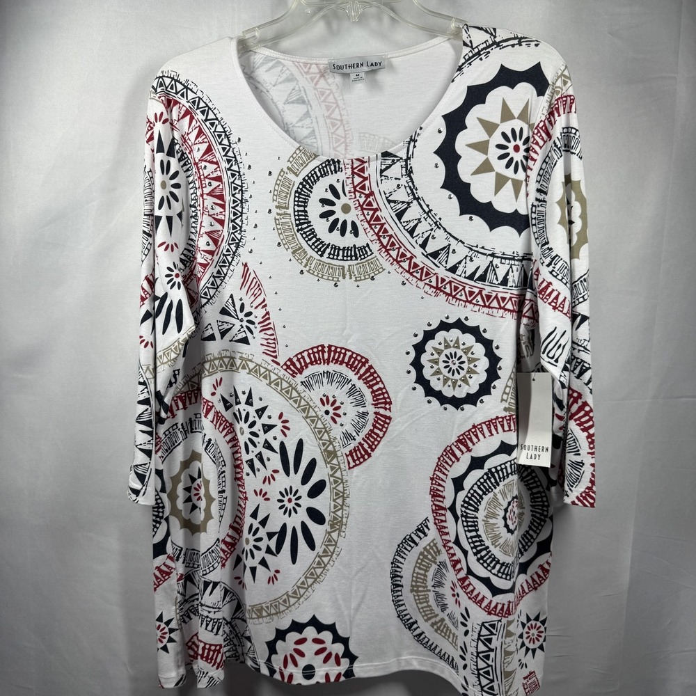 Southern Lady Shirt Womens Medium White Patterned Hollywood Ink Tunic Beaded New
